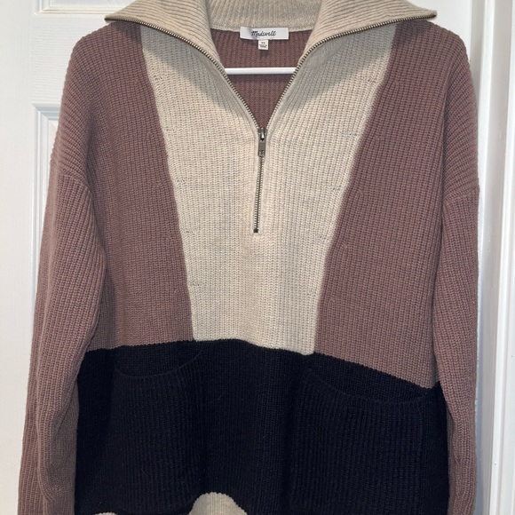 Madewell Sweater Women’s Color-block Black/ Brown/Tan/ Zip Up Wool Blend Size XS - Picture 3 of 8